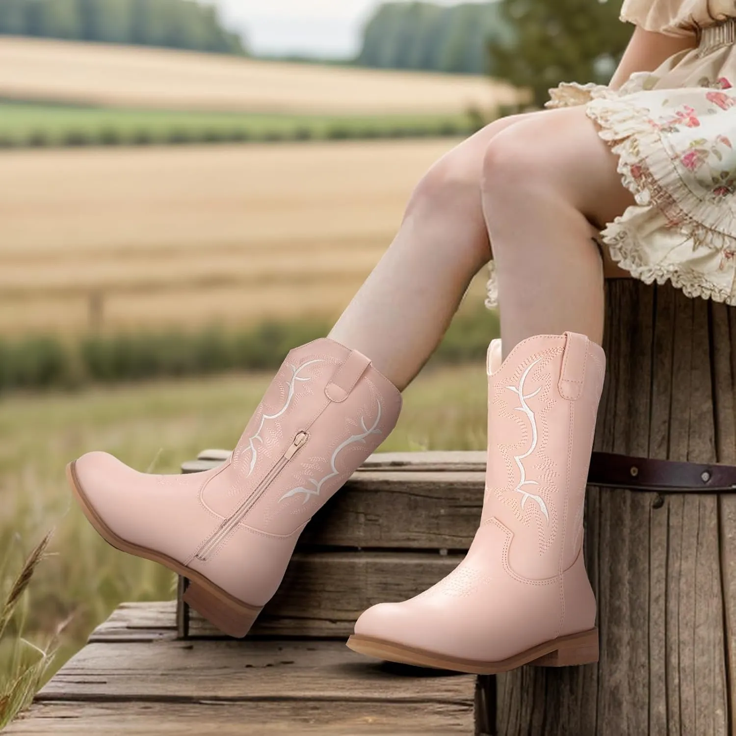 IUV Cowgirl Boots Cowboy Boots For Girls Boys Kids Toddler Fashion Western Boots Mid Calf Riding Shoes