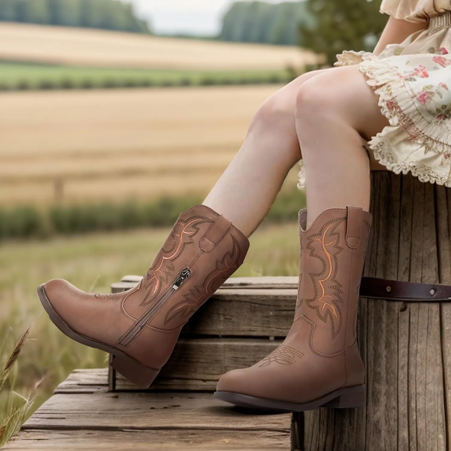 IUV Cowgirl Boots Cowboy Boots For Girls Boys Kids Toddler Fashion Western Boots Mid Calf Riding Shoes