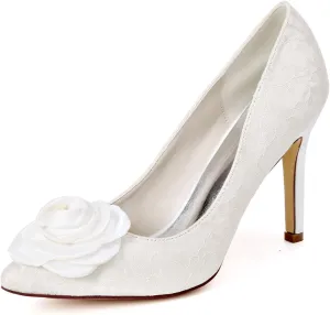 Ivory Wedding Shoes Women's 3.74 Inches Stiletto Heel Lace Satin Pumps with Flower Imitation Bridal Shoes,White,10