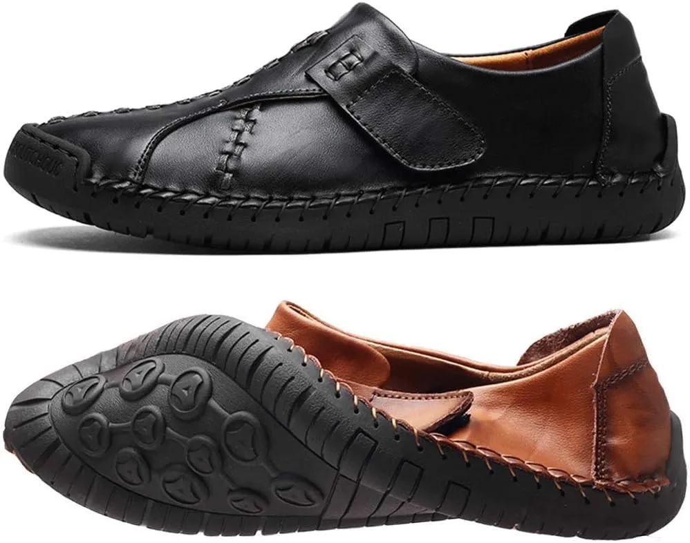 JEBU Men's Leather Slip-on Handmade Loafers Lightweight Classic Outdoors Casual Shoes