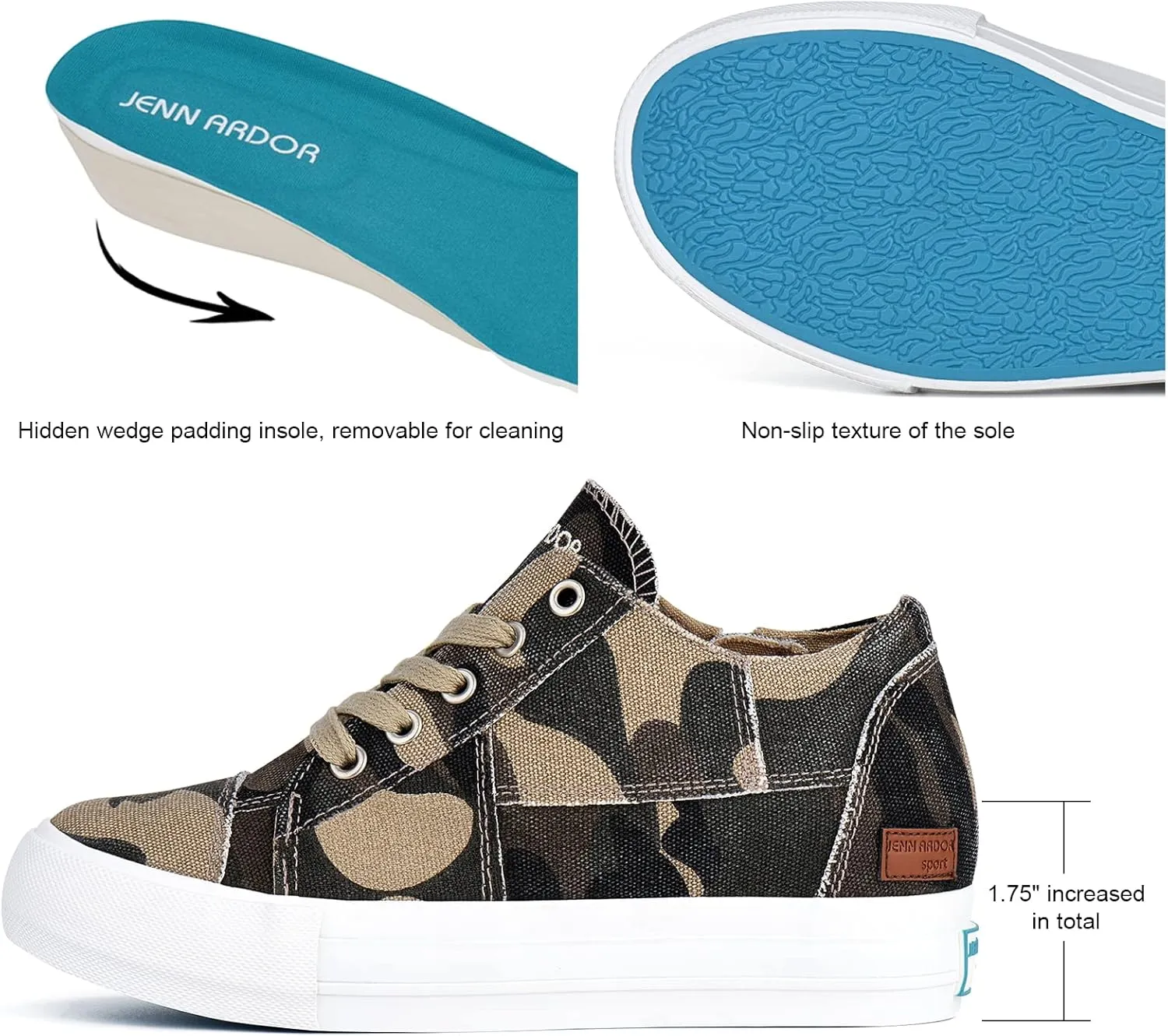 JENN ARDOR Wedge Sneakers for Women Fashion Canvas Shoes Casual Platform Hidden Heel Womens Slip On Sneaker Non Slip Side Zipper