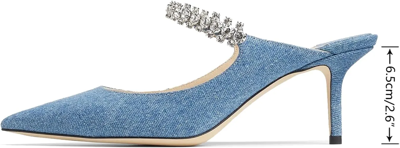 JiaBinji Women High Heels Sandals Mules Rhinestone Strap 4 inches Stiletto Pointed Toe Slip On Sandals Handmade Backless Summer Bridal Dress Shoes