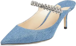 JiaBinji Women High Heels Sandals Mules Rhinestone Strap 4 inches Stiletto Pointed Toe Slip On Sandals Handmade Backless Summer Bridal Dress Shoes