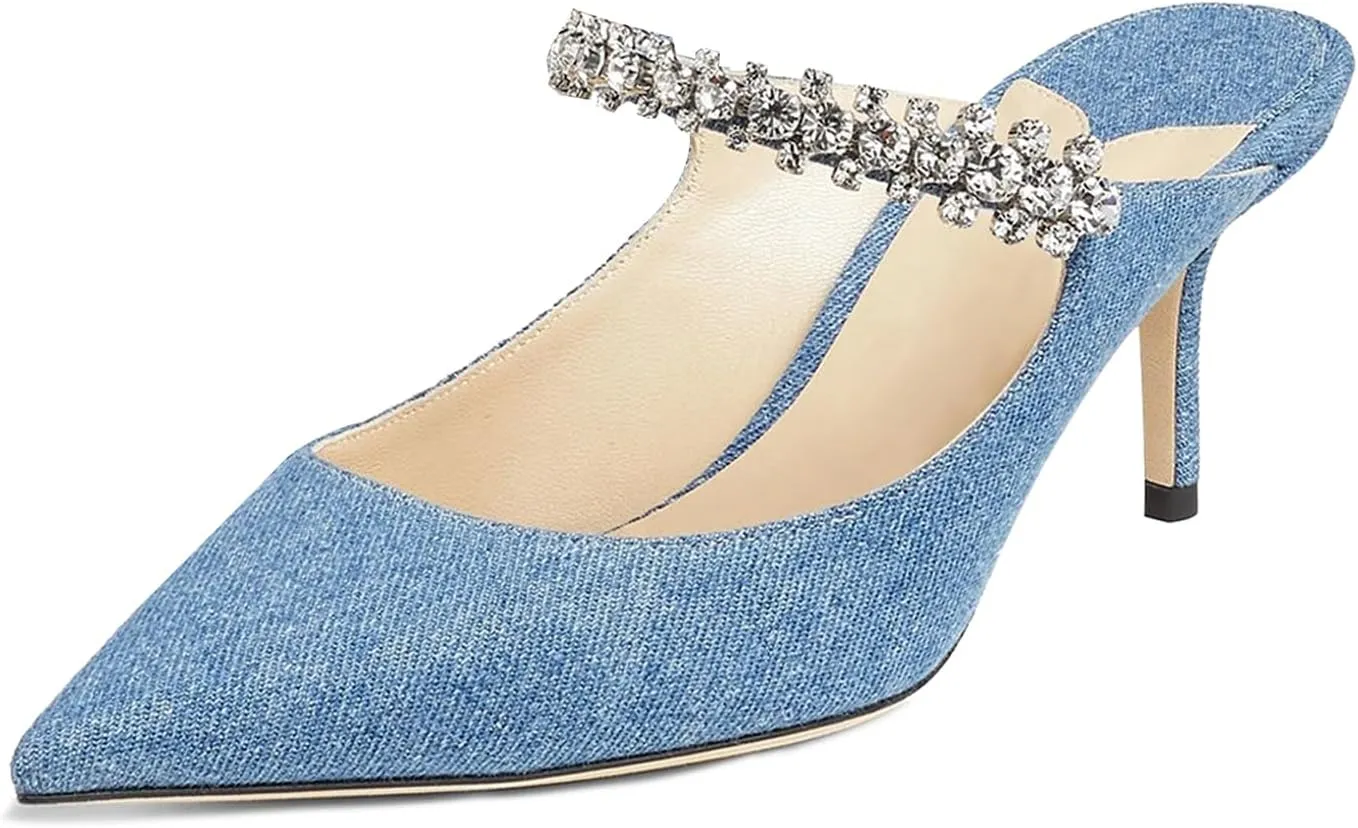 JiaBinji Women High Heels Sandals Mules Rhinestone Strap 4 inches Stiletto Pointed Toe Slip On Sandals Handmade Backless Summer Bridal Dress Shoes