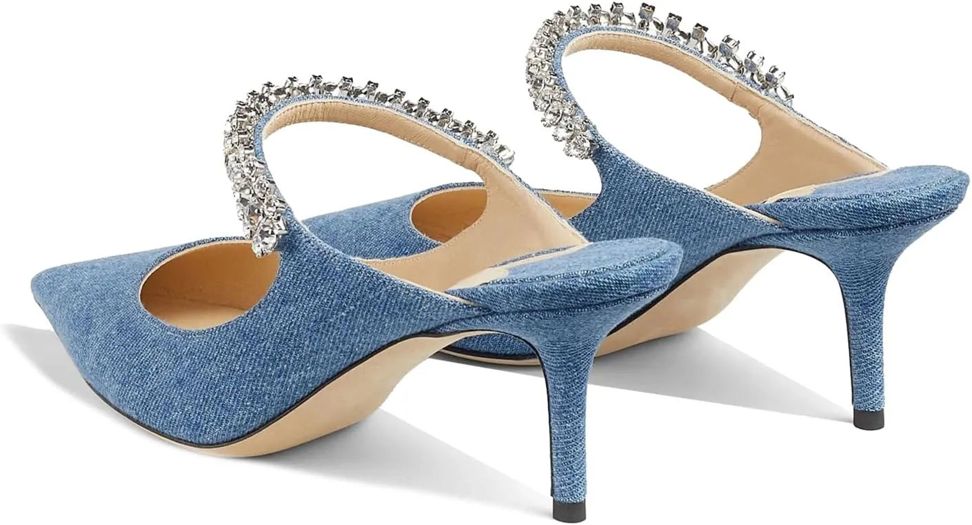 JiaBinji Women High Heels Sandals Mules Rhinestone Strap 4 inches Stiletto Pointed Toe Slip On Sandals Handmade Backless Summer Bridal Dress Shoes