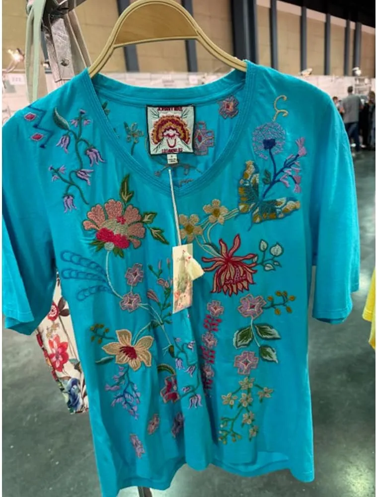 Johnny Was Maureen Trapunto 3/4 Tee Shirt Floral Embroidered Top Scuba Blue New