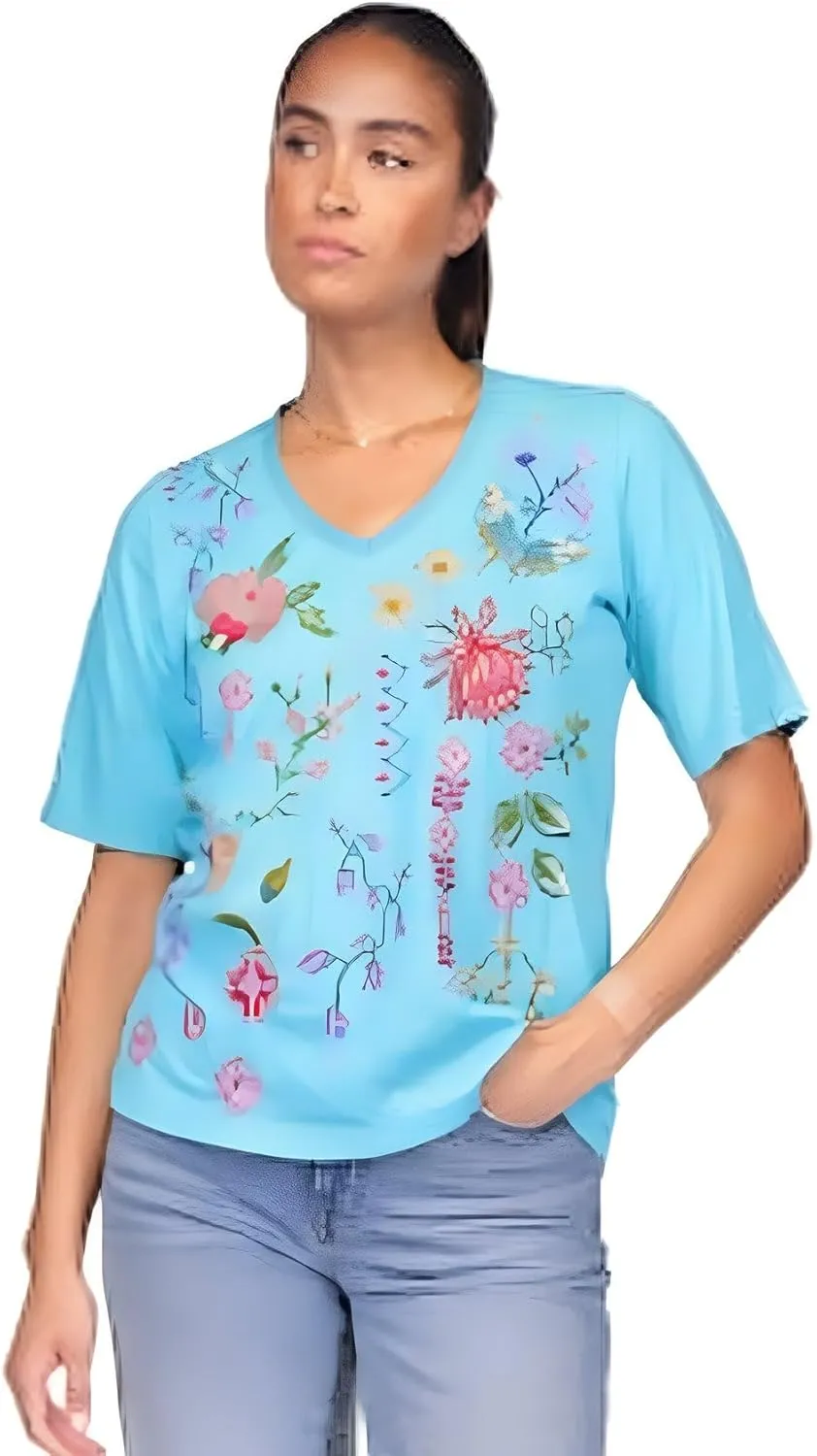 Johnny Was Maureen Trapunto 3/4 Tee Shirt Floral Embroidered Top Scuba Blue New