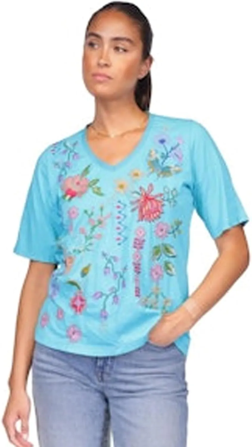 Johnny Was Maureen Trapunto 3/4 Tee Shirt Floral Embroidered Top Scuba Blue New