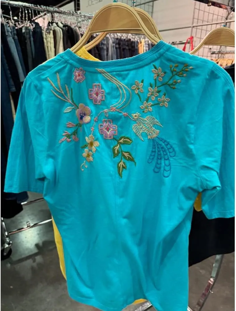 Johnny Was Maureen Trapunto 3/4 Tee Shirt Floral Embroidered Top Scuba Blue New