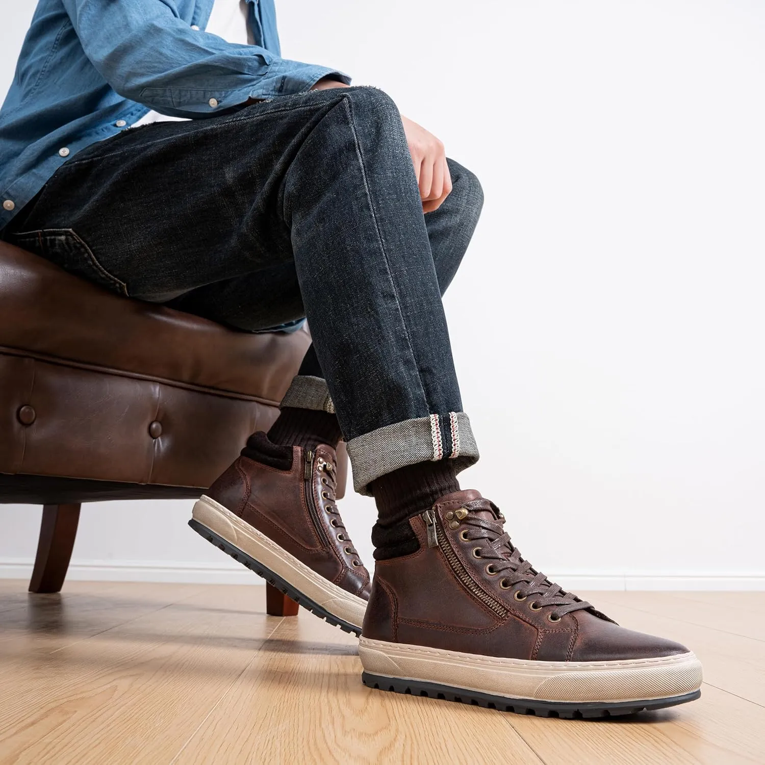 Jousen Mens Casual Shoes Leather High Top Fashion Sneakers for Men