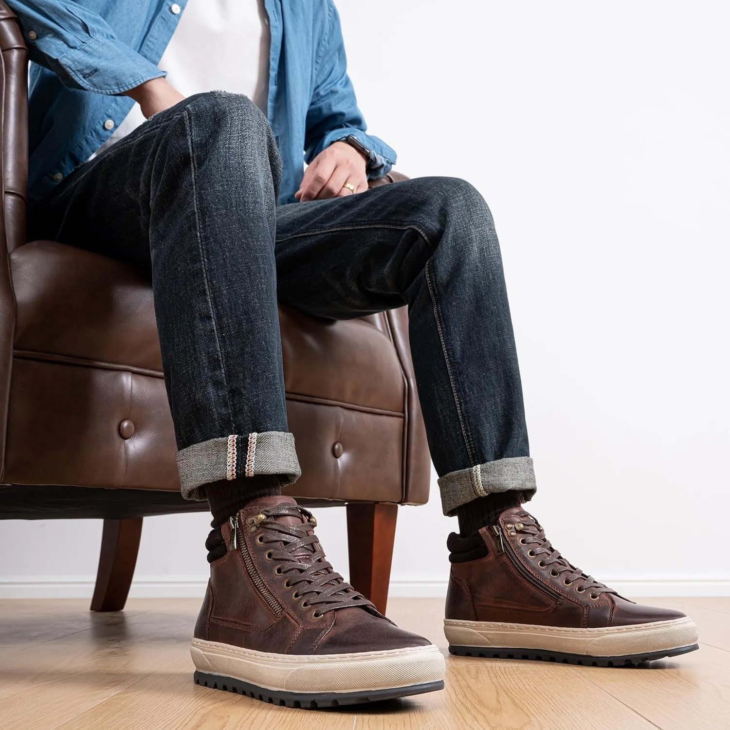 Jousen Mens Casual Shoes Leather High Top Fashion Sneakers for Men