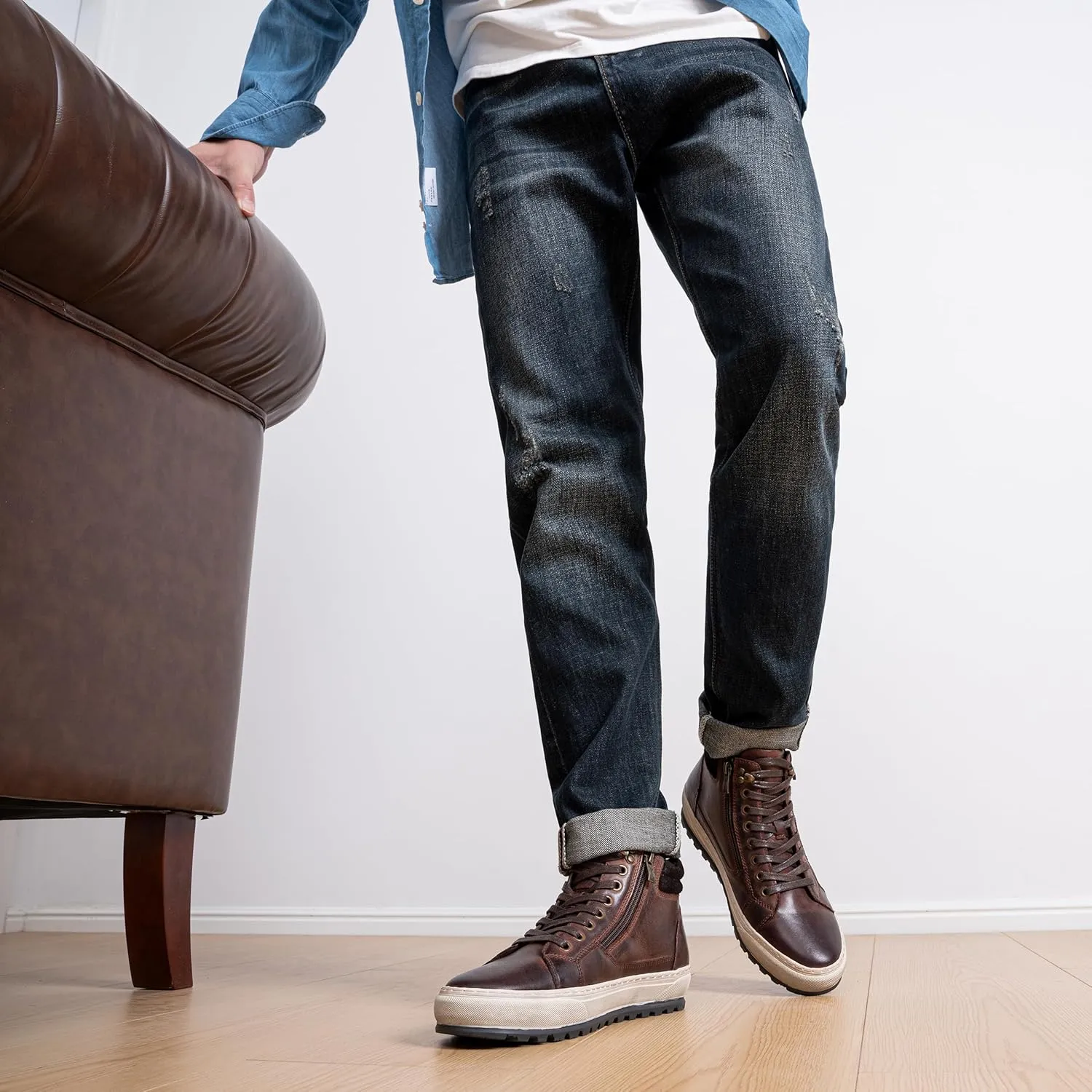 Jousen Mens Casual Shoes Leather High Top Fashion Sneakers for Men