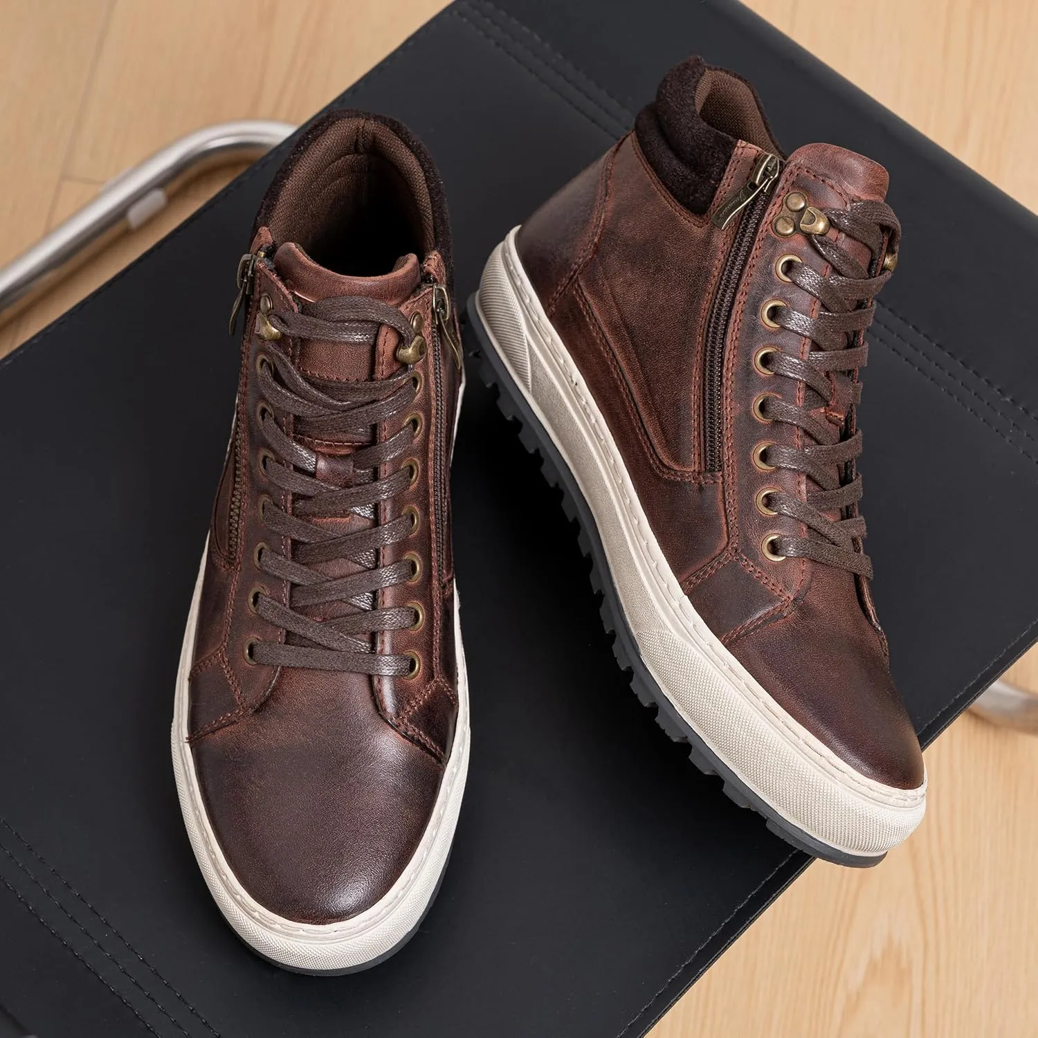 Jousen Mens Casual Shoes Leather High Top Fashion Sneakers for Men