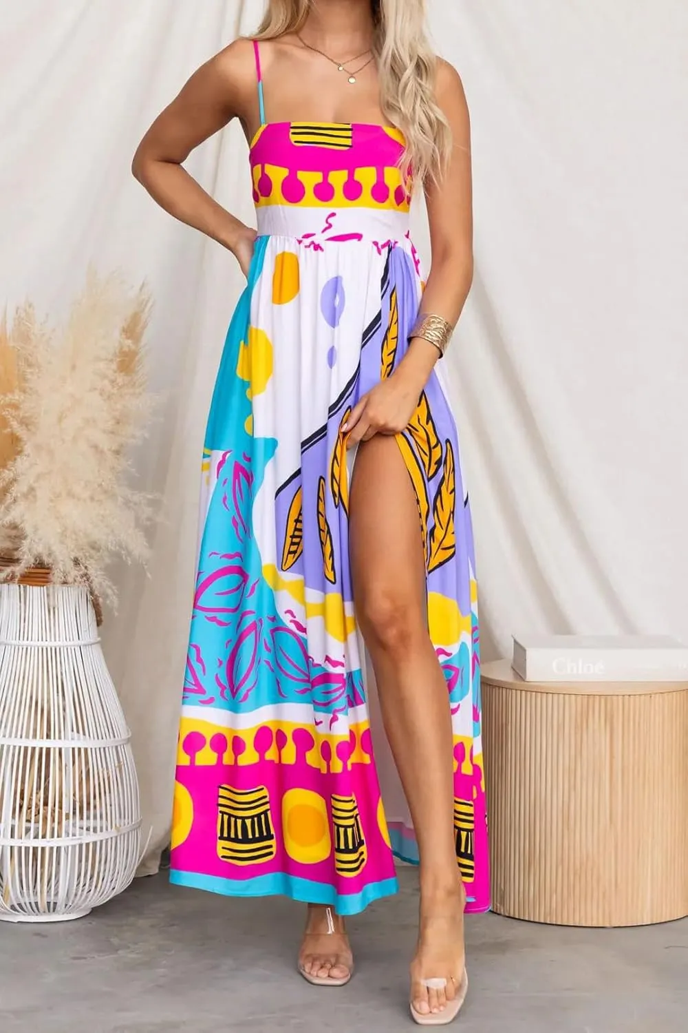 Juakoso Women Spaghetti Strap Maxi Dress Summer Sleeveless Flowy Long Dress Y2k Floral Print Vacation Beach Sundress