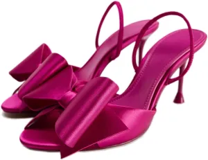 Kluolandi Satin Bow Heels for Women High Heel Sandals Open Toe Slingback Heels with Bow