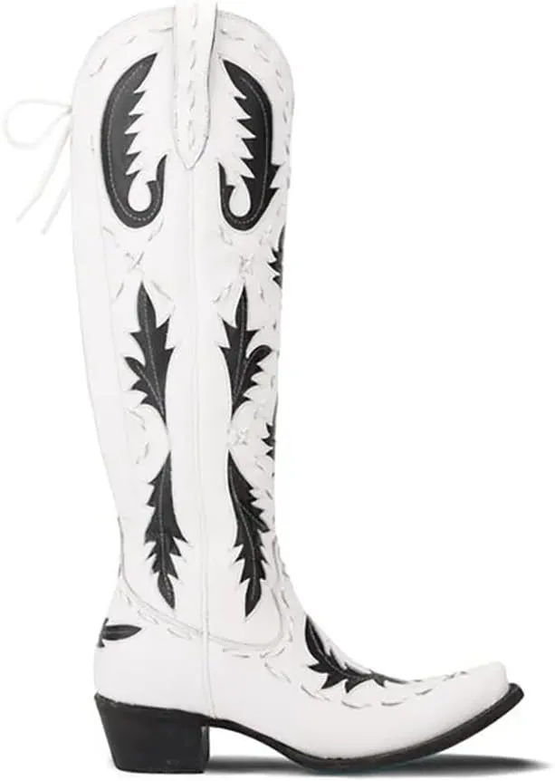 Knee High Cowboy Boots for Women Pointed Toe Side Zipper Cowgirl Boots Women's Back Lace up Chunky Heel Western shoes