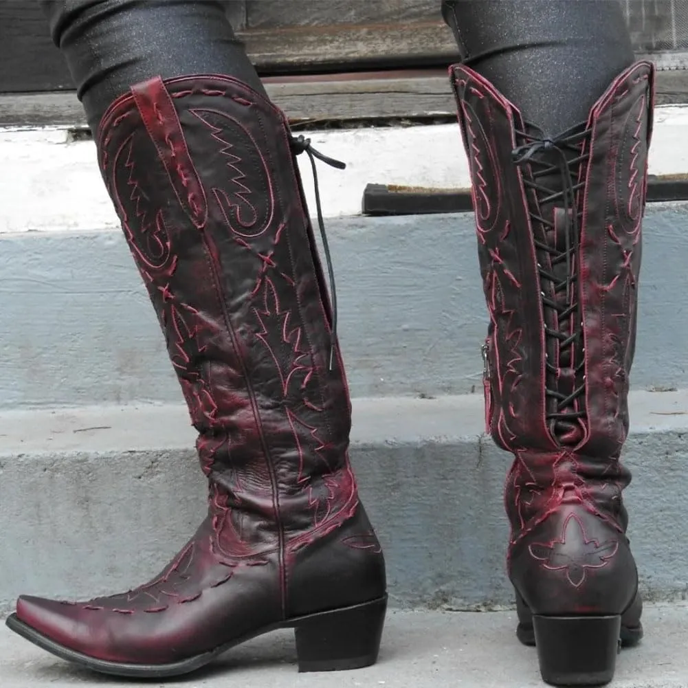 Knee High Cowboy Boots for Women Pointed Toe Side Zipper Cowgirl Boots Women's Back Lace up Chunky Heel Western shoes