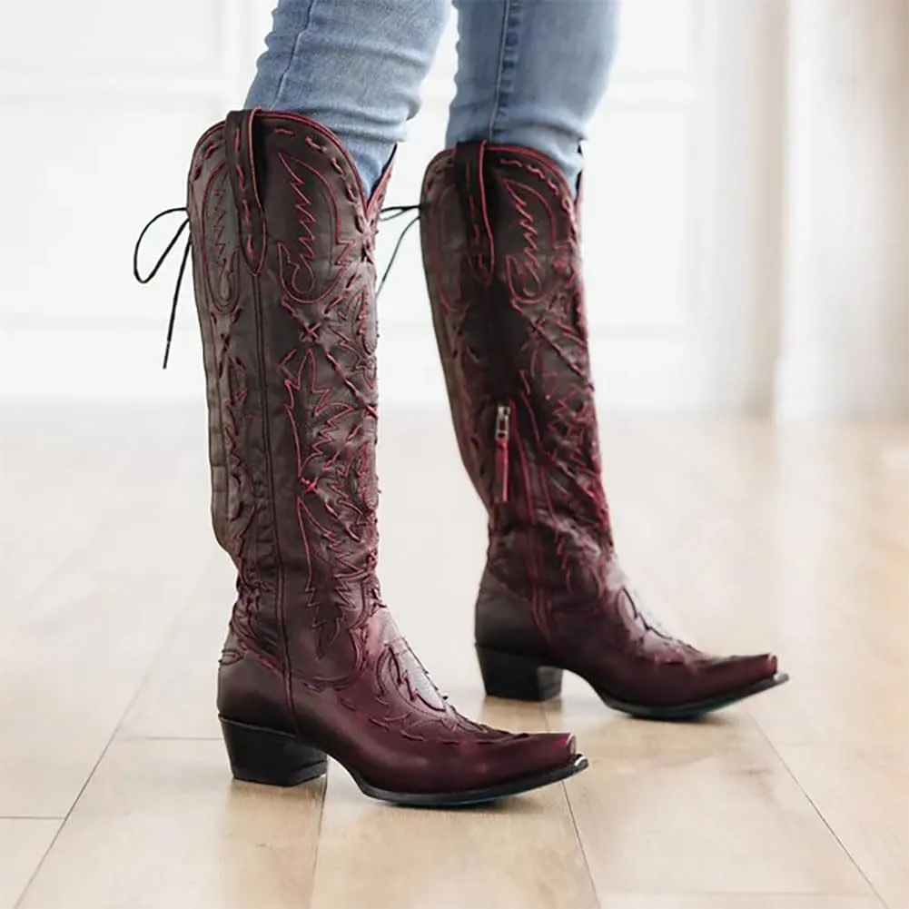 Knee High Cowboy Boots for Women Pointed Toe Side Zipper Cowgirl Boots Women's Back Lace up Chunky Heel Western shoes