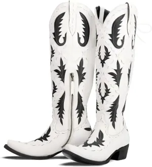 Knee High Cowboy Boots for Women Pointed Toe Side Zipper Cowgirl Boots Women's Back Lace up Chunky Heel Western shoes
