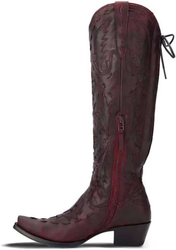 Knee High Cowboy Boots for Women Pointed Toe Side Zipper Cowgirl Boots Women's Back Lace up Chunky Heel Western shoes