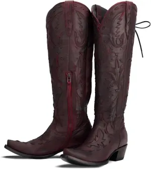 Knee High Cowboy Boots for Women Pointed Toe Side Zipper Cowgirl Boots Women's Back Lace up Chunky Heel Western shoes