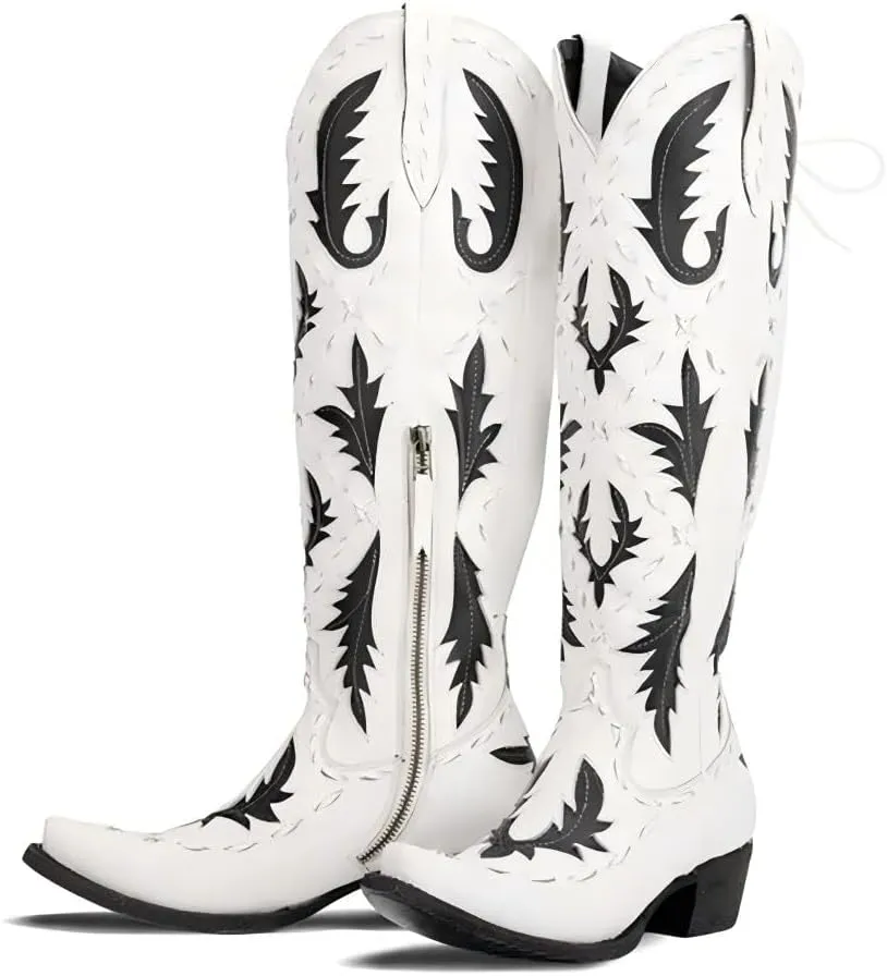 Knee High Cowboy Boots for Women Pointed Toe Side Zipper Cowgirl Boots Women's Back Lace up Chunky Heel Western shoes