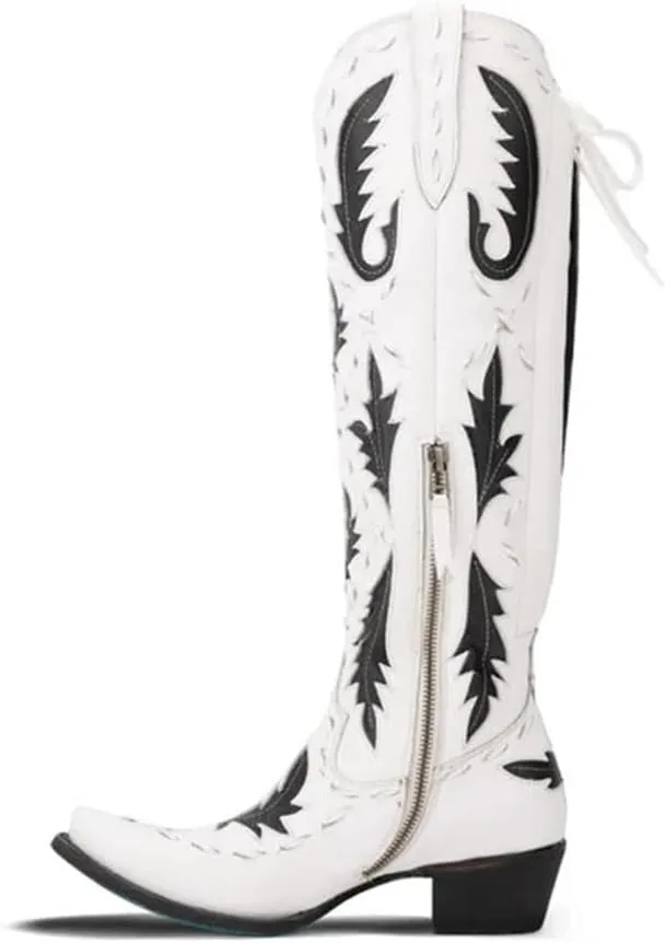 Knee High Cowboy Boots for Women Pointed Toe Side Zipper Cowgirl Boots Women's Back Lace up Chunky Heel Western shoes