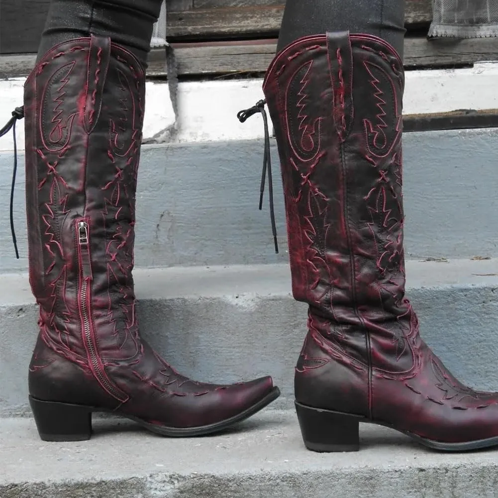 Knee High Cowboy Boots for Women Pointed Toe Side Zipper Cowgirl Boots Women's Back Lace up Chunky Heel Western shoes