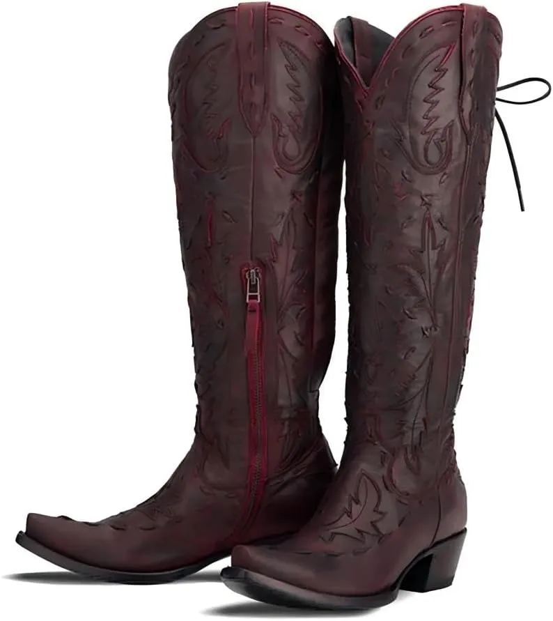 Knee High Cowboy Boots for Women Pointed Toe Side Zipper Cowgirl Boots Women's Back Lace up Chunky Heel Western shoes