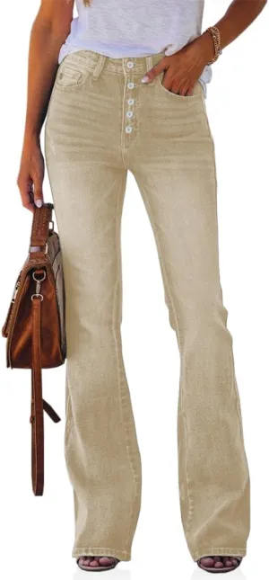 Koinshha Womens High Waisted Jeans Boyfriend Stretch Flare Casual Bootcut Denim Pants