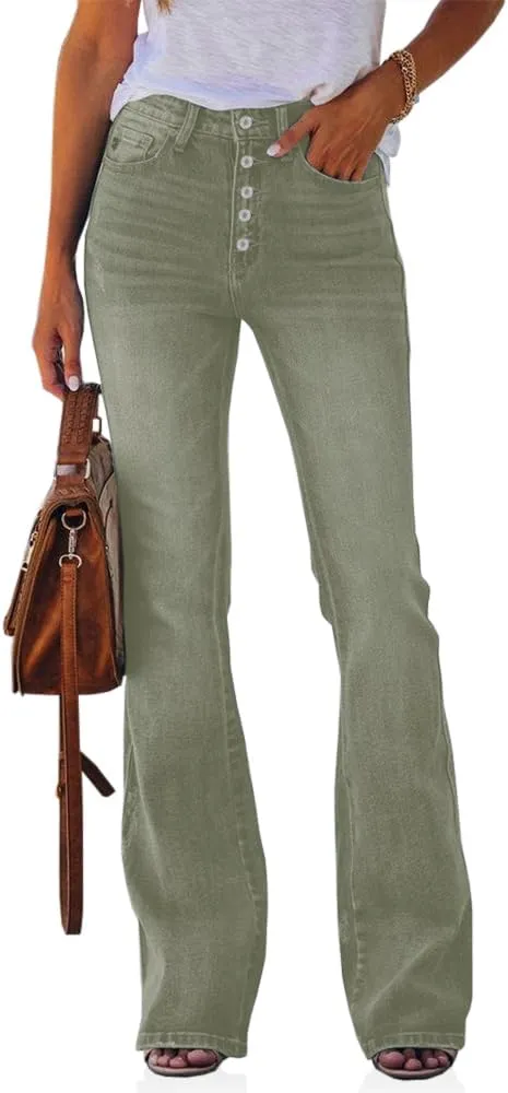Koinshha Womens High Waisted Jeans Boyfriend Stretch Flare Casual Bootcut Denim Pants
