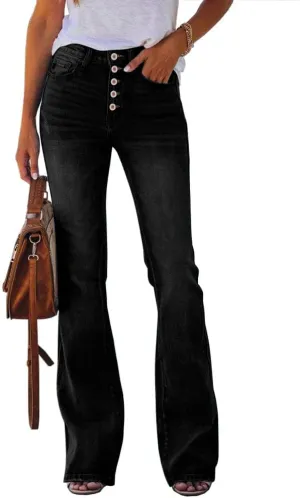 Koinshha Womens High Waisted Jeans Boyfriend Stretch Flare Casual Bootcut Denim Pants