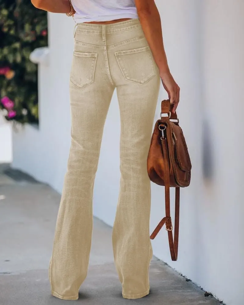 Koinshha Womens High Waisted Jeans Boyfriend Stretch Flare Casual Bootcut Denim Pants