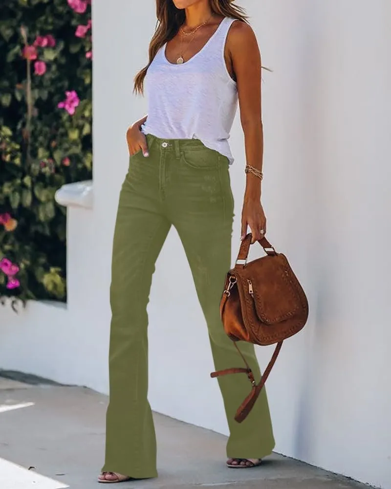 Koinshha Womens High Waisted Jeans Flare Stretch Boyfriend Bootcut Casual Denim Pants