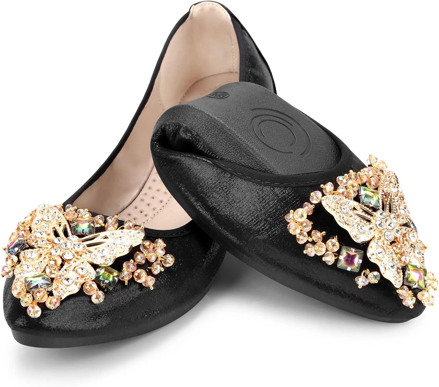KUNWFNIX Women Ballet Flats Rhinestone Wedding Ballerina Shoes Foldable Sparkly Comfort Slip on Flat Shoes