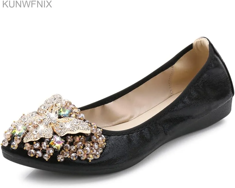 KUNWFNIX Women Ballet Flats Rhinestone Wedding Ballerina Shoes Foldable Sparkly Comfort Slip on Flat Shoes