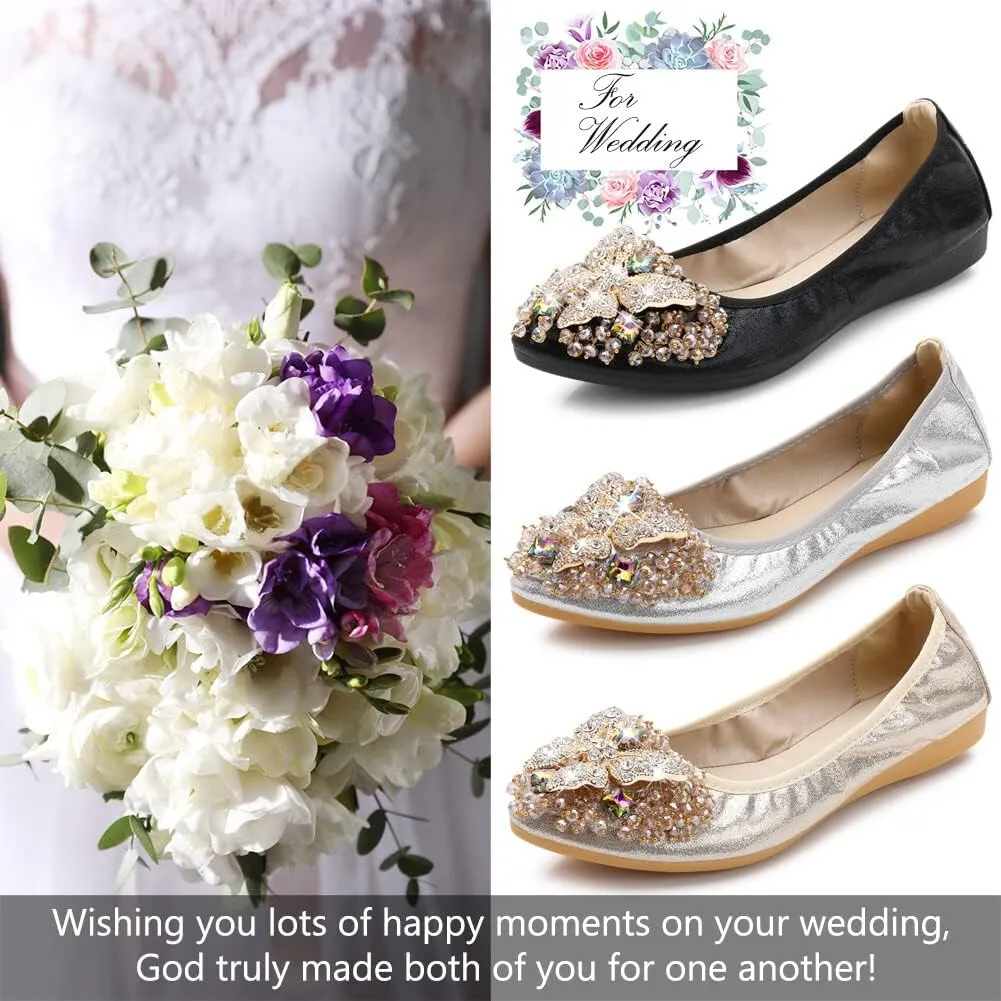 KUNWFNIX Women Ballet Flats Rhinestone Wedding Ballerina Shoes Foldable Sparkly Comfort Slip on Flat Shoes