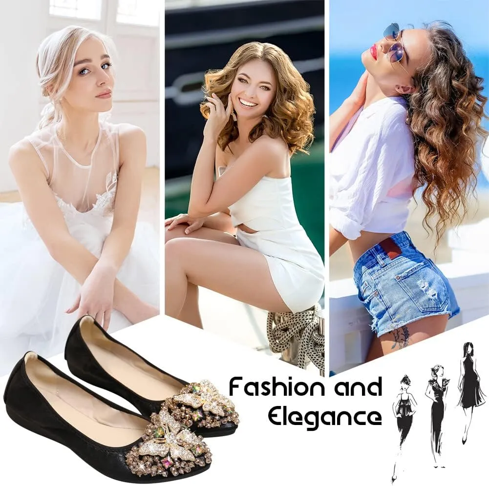 KUNWFNIX Women Ballet Flats Rhinestone Wedding Ballerina Shoes Foldable Sparkly Comfort Slip on Flat Shoes