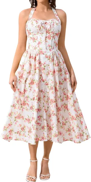 KUTUMAI Summer Floral Corset Midi Dress Halter Smocked Sundress Flowy A Line Beach Wedding Guest Dresses for Women 2025