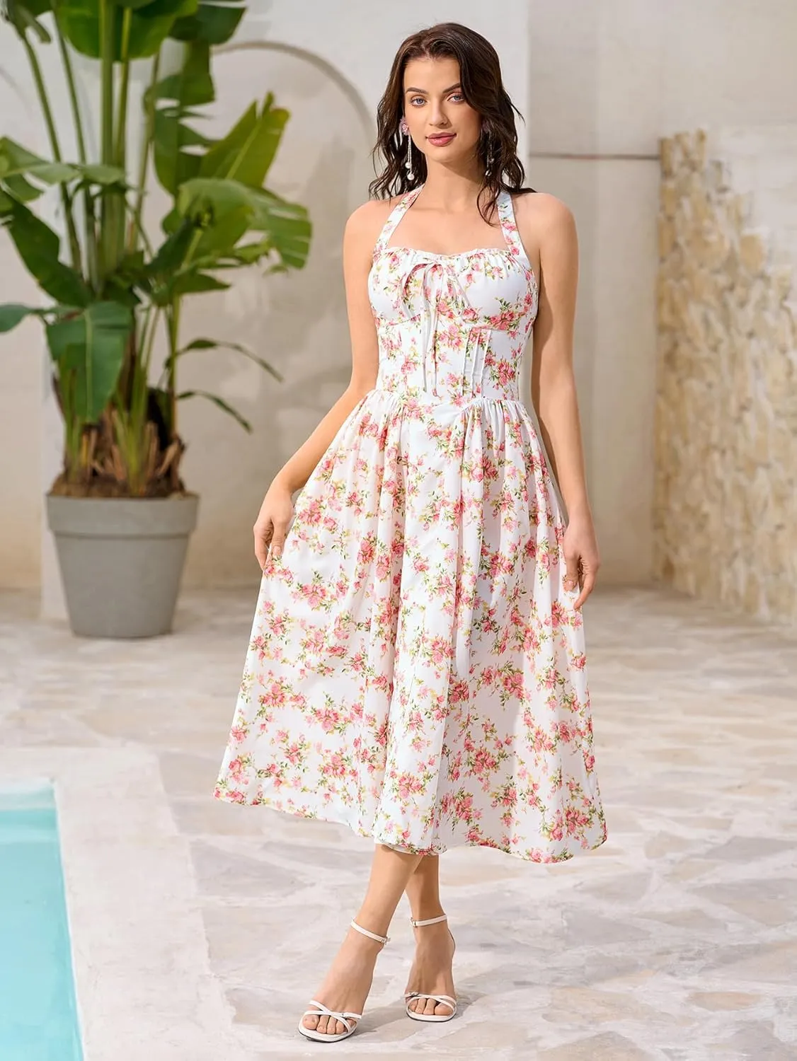 KUTUMAI Summer Floral Corset Midi Dress Halter Smocked Sundress Flowy A Line Beach Wedding Guest Dresses for Women 2025