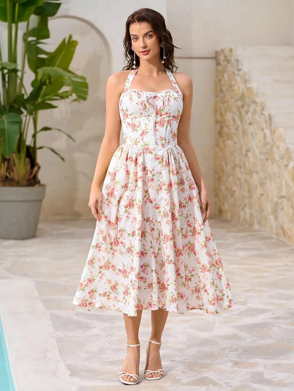 KUTUMAI Summer Floral Corset Midi Dress Halter Smocked Sundress Flowy A Line Beach Wedding Guest Dresses for Women 2025