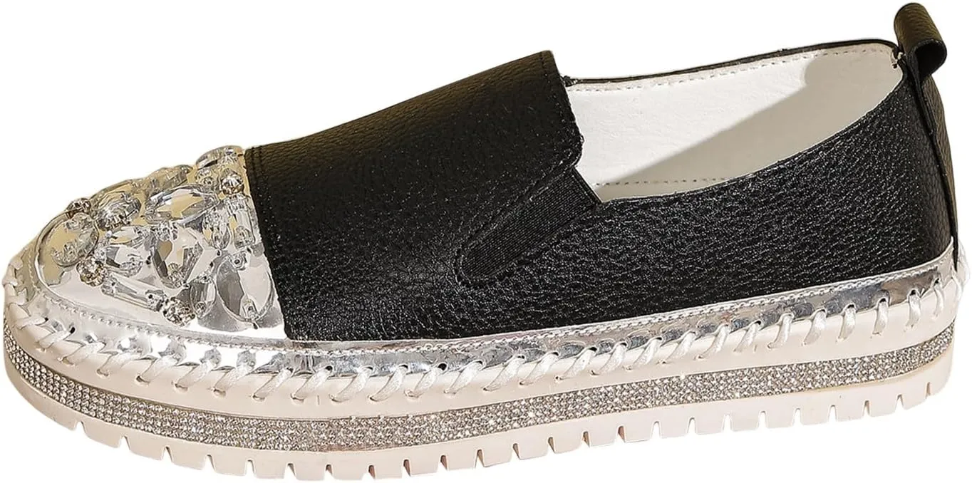 Ladies Fashion Solid Leather Panel with Rhinestone Decoration Thick Sole Casual Single Casual Classic Shoes for Men