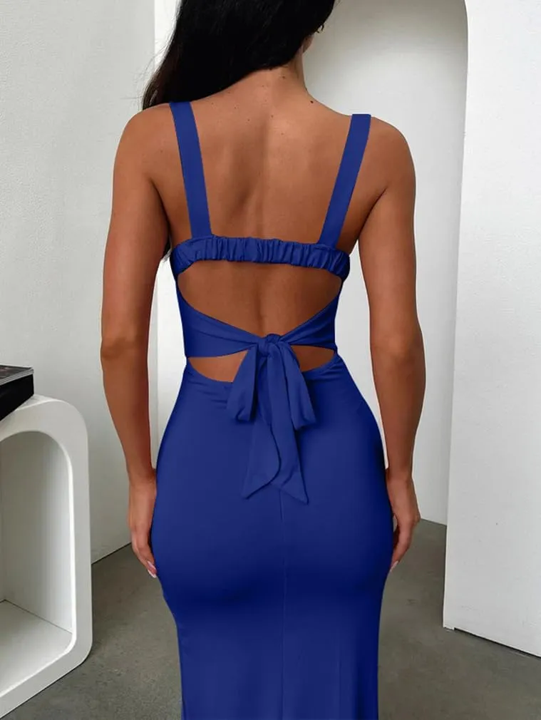 LAGSHIAN Women's Sexy Backless Square Neck Sleeveless Split Hem Tank Tops Evening Long Dresses