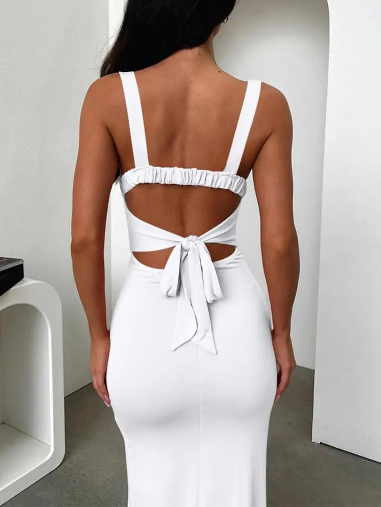 LAGSHIAN Women's Sexy Backless Square Neck Sleeveless Split Hem Tank Tops Evening Long Dresses