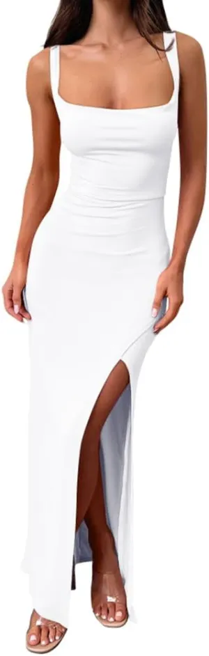 LAGSHIAN Women's Sexy Backless Square Neck Sleeveless Split Hem Tank Tops Evening Long Dresses