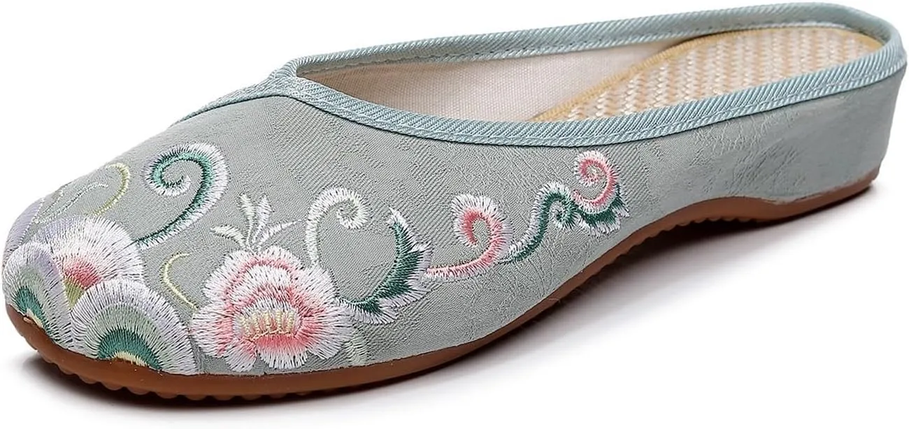 Lightweight Women's Canvas Slippers Cute Comfy Embroidered Backless Mules Flats Casual Walking House Sandals Shoes