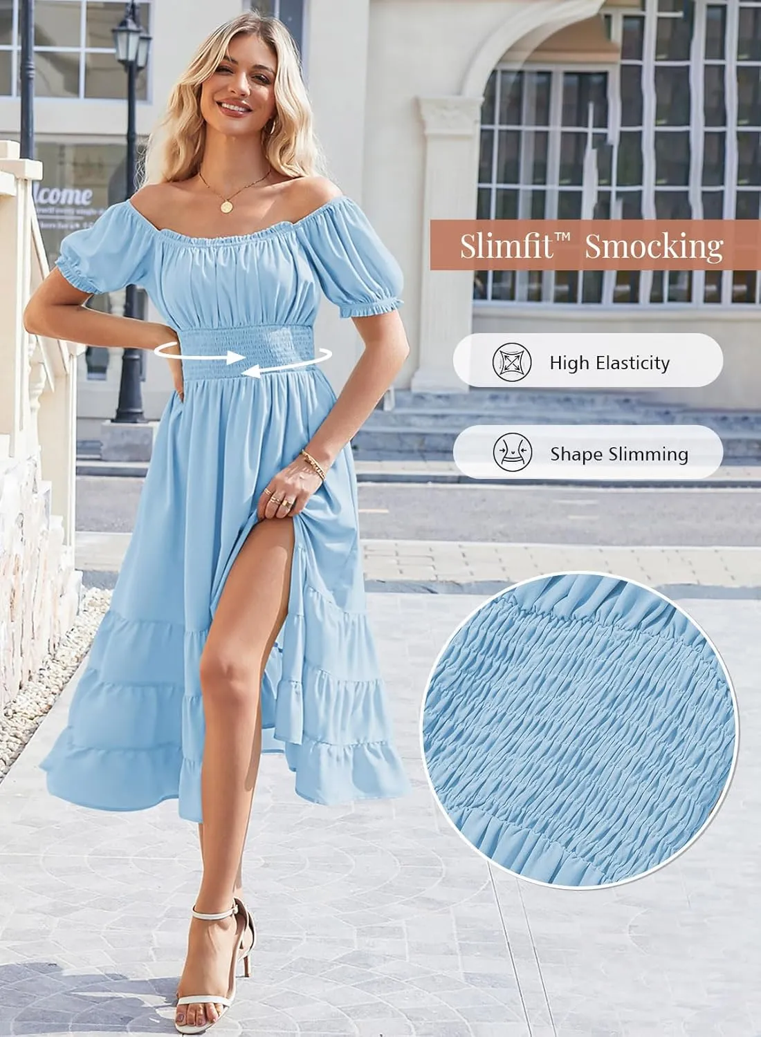 Linsery Women's Summer Square Neck Short Puff Sleeve Casual Smocked Flowy A Line Tiered Split Midi Dress