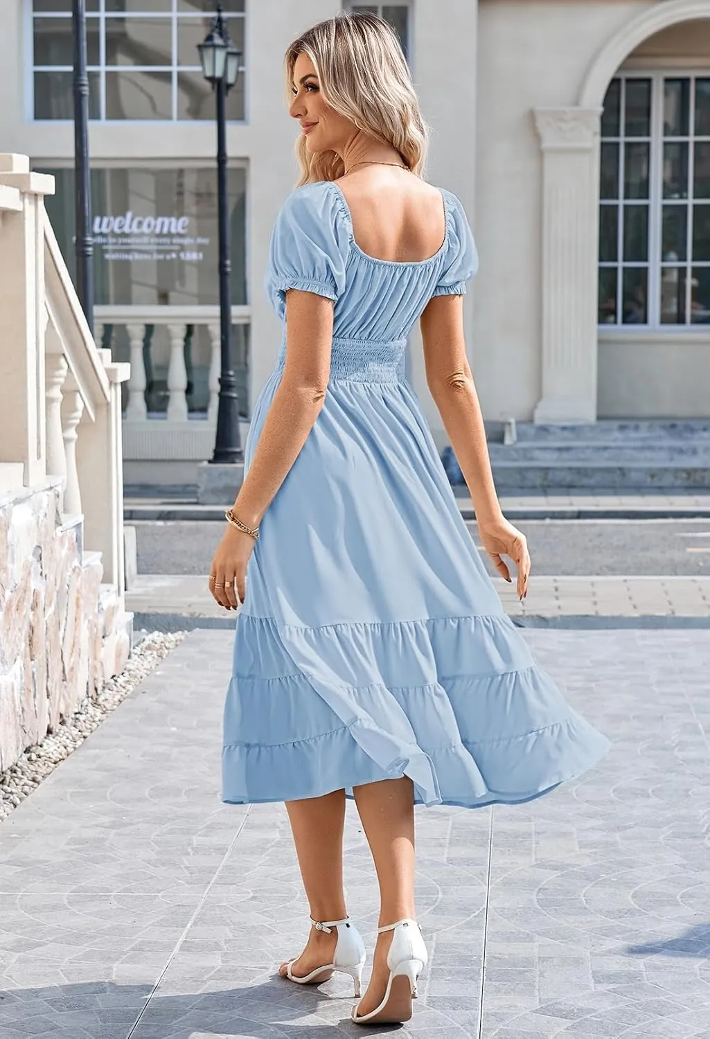 Linsery Women's Summer Square Neck Short Puff Sleeve Casual Smocked Flowy A Line Tiered Split Midi Dress