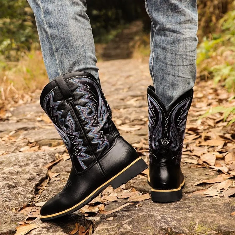 LISHAN Men's Western Cowboy Boots Embroidered Flats Mid Calf Boots