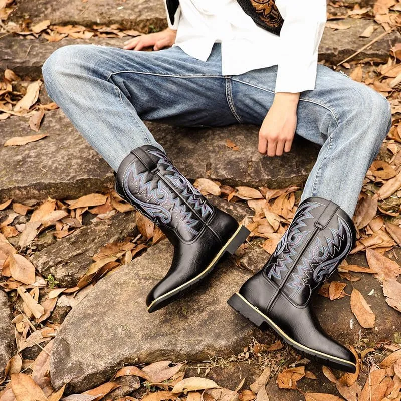 LISHAN Men's Western Cowboy Boots Embroidered Flats Mid Calf Boots